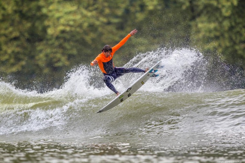 World Surf League Pro Miguel Pupo surfing the Wavegarden prototype in Spain