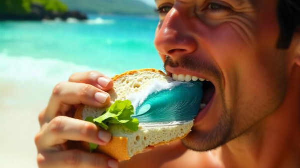 a guy eating a sandwich that has a wave on it.