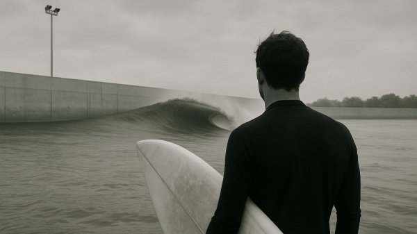 The silhouette of a surfer looks at a human-made wave